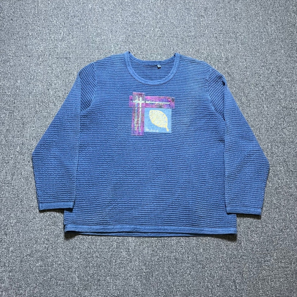Vintage Focus Blue Waffle Knit Patchwork Leaf Top Size Medium Long Sleeve